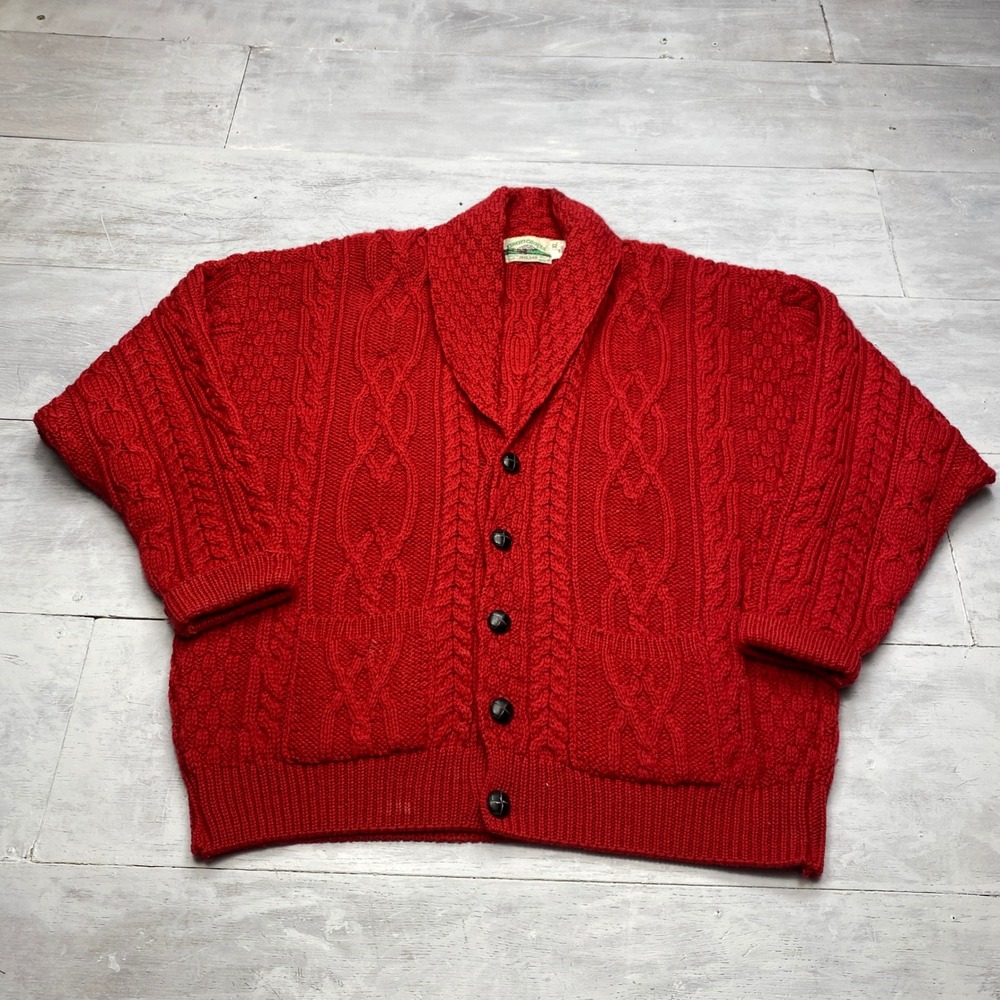 Aran Crafts Cardigan Mens XL Red Wool Cable Knit Shawl Collar Sweater Ireland